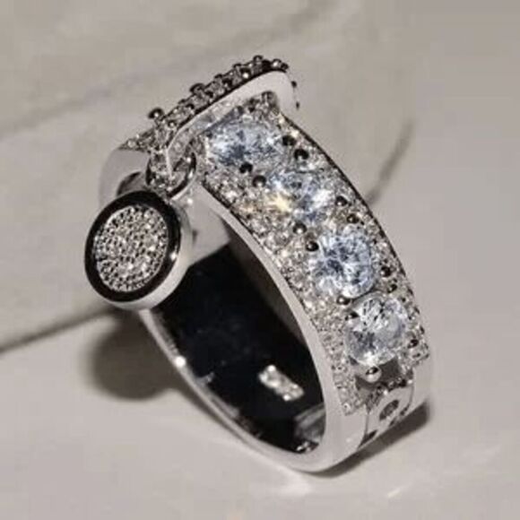 Engagement Wedding Anniversary Round Diamond Mosaic Ring With Hanging Charm - Picture 3 of 5